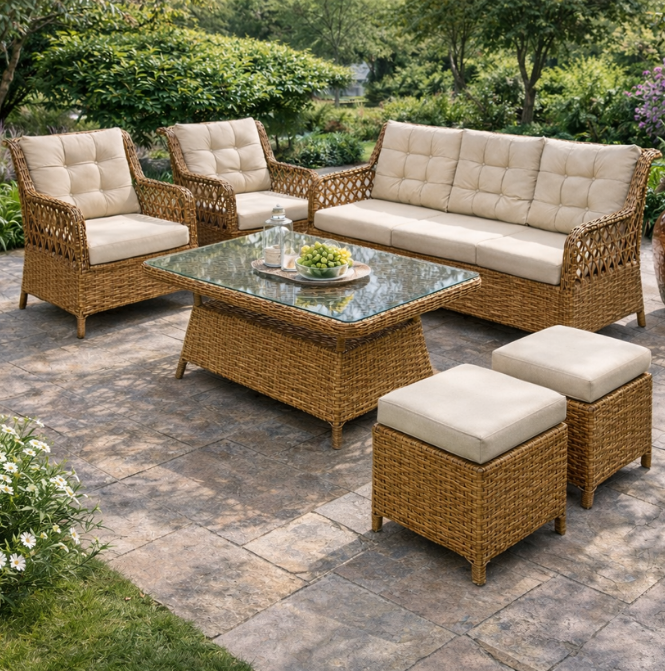 Puflu Bahçe Balkon Takımı 3+1+1+Camlı Masa