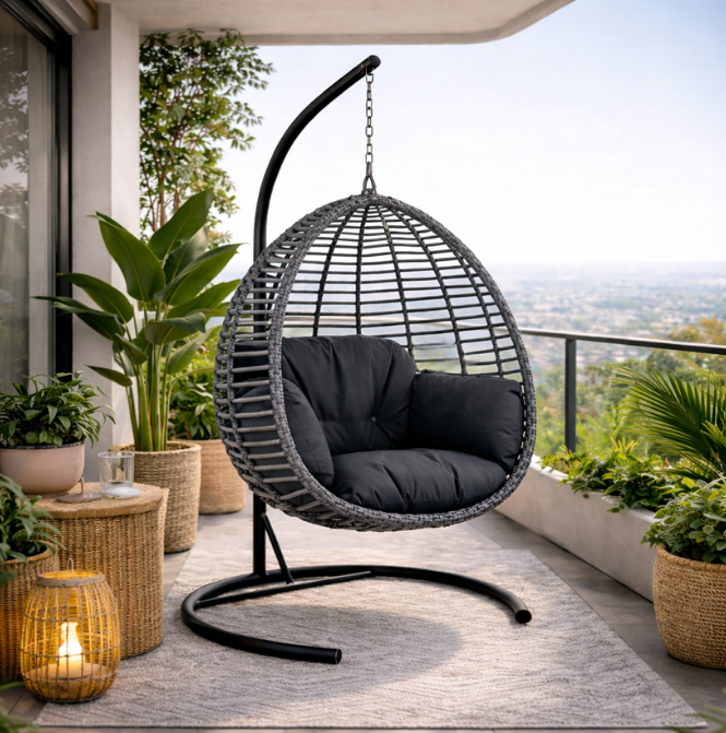 Fındık Tek Kişilik Minderli Rattan Bahçe-Balkon Asma Salıncak
