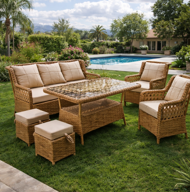 Rattan Puflu Bahçe Balkon Takımı 3+1+1 Kahve